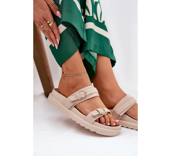 Klapki Damskie Na Platformie Ze Złotymi Klamrami Beżowe Wernone