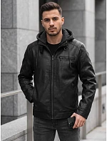 Pánska kožená zateplená bunda s kapucňou, čierna, FashionStreet TX5149 Pánska kožená zateplená bunda s kapucňou, čierna, FashionStreet TX5149