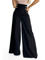 Elegantné čierne dámske široké nohavice s vysokým pásom a zlatými gombíkmi 496-1