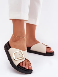 Klapki Damskie Na Platformie Ze Złotą Klamrą Beżowe Jovira