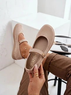 Kožené semišové baleríny Barefoot s páskem model 22073651 béžové - Zazoo