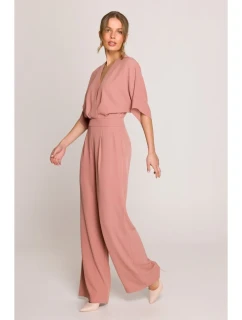 S395 Kombinéza so širokými nohavicami a zavinovacím výstrihom - ružová