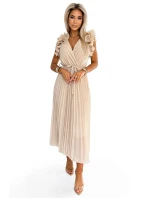 Béžové dámské plisované šifonové midi šaty s výstřihem a volánky model 20171428 - numoco basic Béžové dámské plisované šifonové midi šaty s výstřihem a volánky model 20171428 - numoco basic