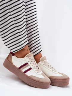 Skórzane Sneakersy Damskie Na Platformie Zazoo N1234 Beżowo-Bordowe