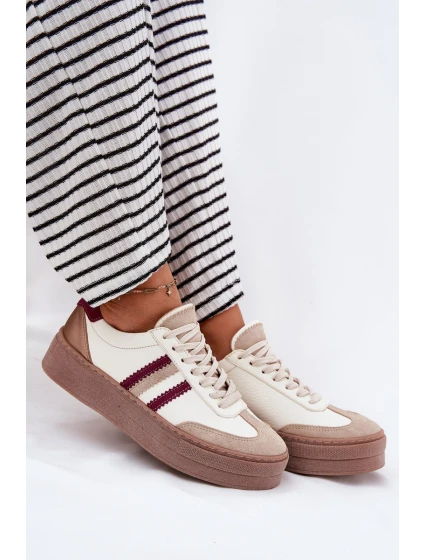 Skórzane Sneakersy Damskie Na Platformie Zazoo N1234 Beżowo-Bordowe