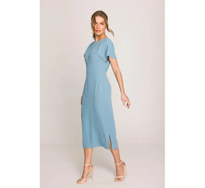 model 20966244 Tužkové šaty s rozparkem na boku nebesky modré - STYLOVE