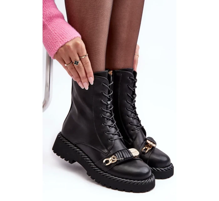 Dámské kožené pracovní kotníkové boty s ozdobou, černá S.Barski