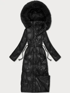 Čierna dlhá dámska prešívaná zimná bunda (T2-2221#-1)