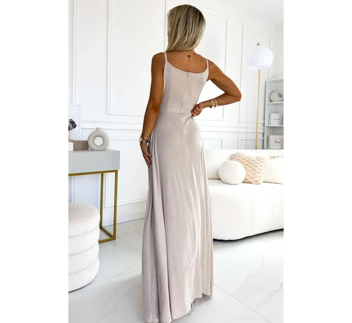 299-15 CHIARA elegantné dlhé maxi šaty bez ramienok - béžové s brokátom 299-15 CHIARA elegantné dlhé maxi šaty bez ramienok - béžové s brokátom