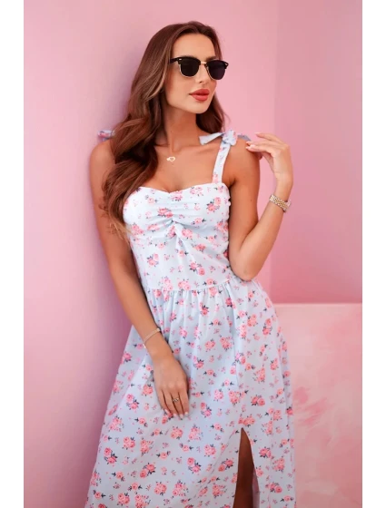 Dámske šaty bez ramienok s potlačou a viazaním modré