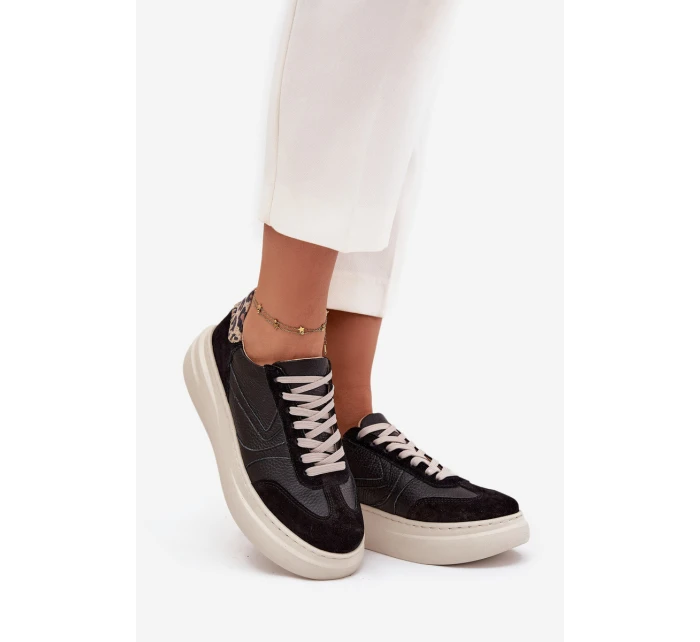 Skórzane Sneakersy Damskie Na Platformie Panterka Zazoo N1263 Czarne