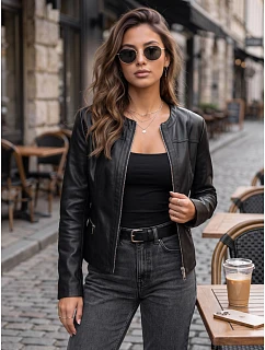 Dámska priliehavá čierna bunda z eko-kože FashionStreet TY5721