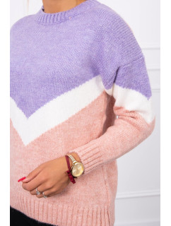 Geometrický vzorovaný sveter fialová + púdrovo ružová