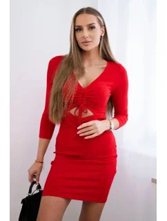 Rebrované šaty s viazaným výstrihom červené