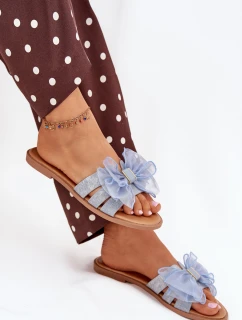 Dámske papuče na nízkom podpätku s tylovou mašľou - denim