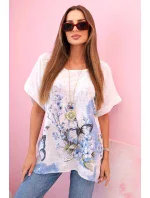 Dámske bavlnené tričko s motýľmi a kvetmi biele
