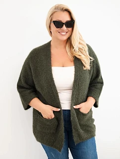 Dámsky sveter vo veľkosti Plus Size s vreckami bez zapínania, farba khaki