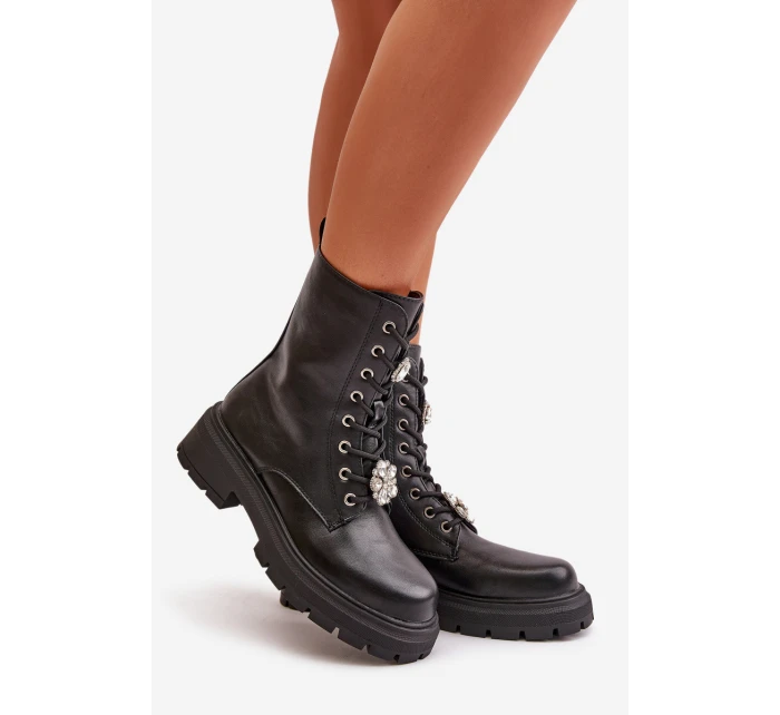 Botki Workery Damskie Eko Skórzane Z Przypinkami Czarne Kristines Botki Workery Damskie Eko Skórzane Z Przypinkami Czarne Kristines