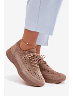 Kožené polobotky sneakers dámské vzorované model 22100638 Světle hnědé - SERGIO LEONE