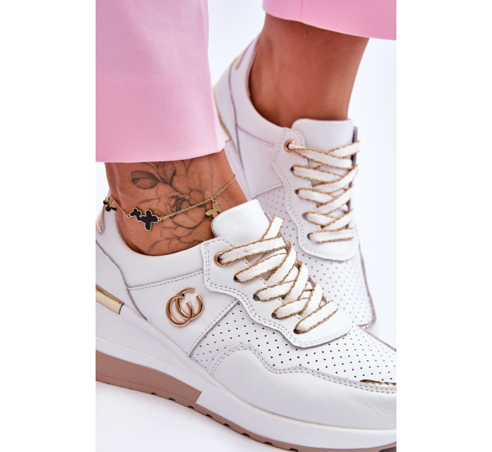 Dámska kožená športová obuv na klínku bielo-zlatá Rebeca