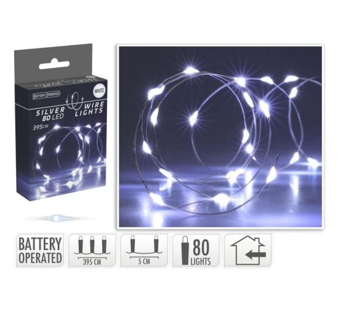 DRÔTENÉ SVETLÁ BATÉRIOVO OVLÁDANÉ GIRLANDY 80 LED STUDENÁ BIELA