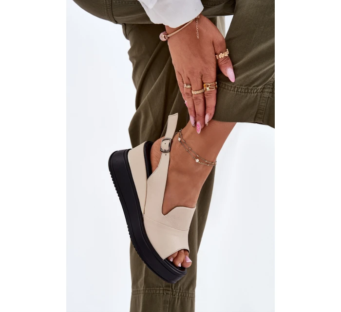 Skórzane Damskie Sandały Na Koturnie Artiker 54C0401 Beżowe Skórzane Damskie Sandały Na Koturnie Artiker 54C0401 Beżowe