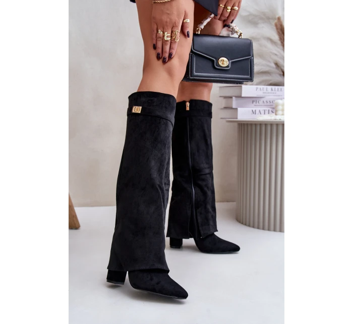 Kozaki Eko Zamszowe Obcas Słupek Na Zamek Ocieplane Wywinięta Cholewka Beżowe Evyra