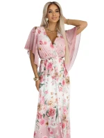 603-4 Vzdušné maxi šaty s obálkovým výstrihom a kvetinovým vzorom - PINK Roses 603-4 Vzdušné maxi šaty s obálkovým výstrihom a kvetinovým vzorom - PINK Roses