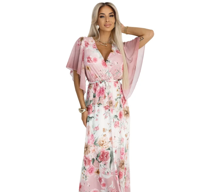 603-4 Vzdušné maxi šaty s obálkovým výstrihom a kvetinovým vzorom - PINK Roses 603-4 Vzdušné maxi šaty s obálkovým výstrihom a kvetinovým vzorom - PINK Roses