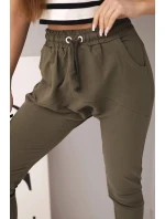 Dámské bavlněné cargo kalhoty s kapsami a řetízkem béžové