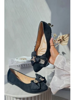 Damskie Eko Zamszowe Baleriny Z Kokardą I Broszką Czarne Satris