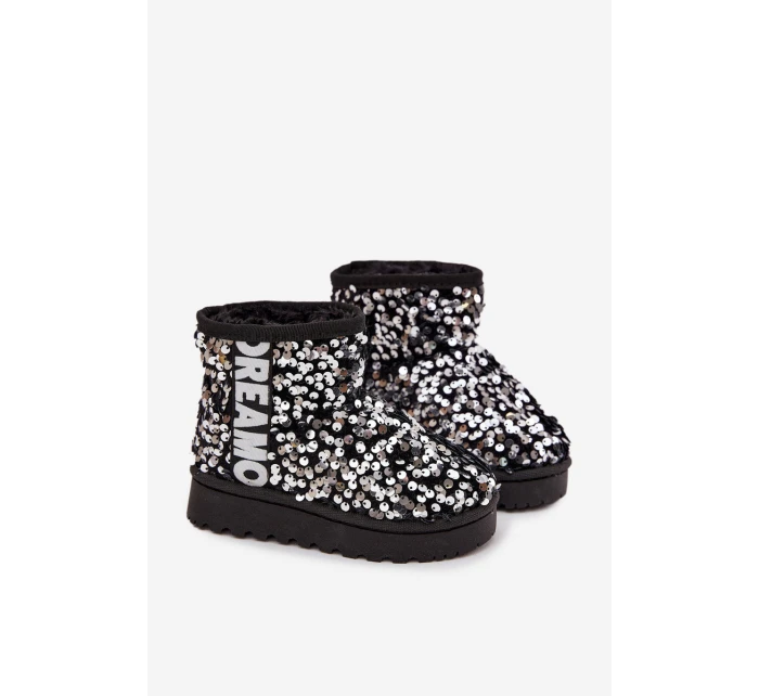 Dziecięce Śniegowce Botki Ocieplane Z Cekinami Czarno-Srebrne Rebbica