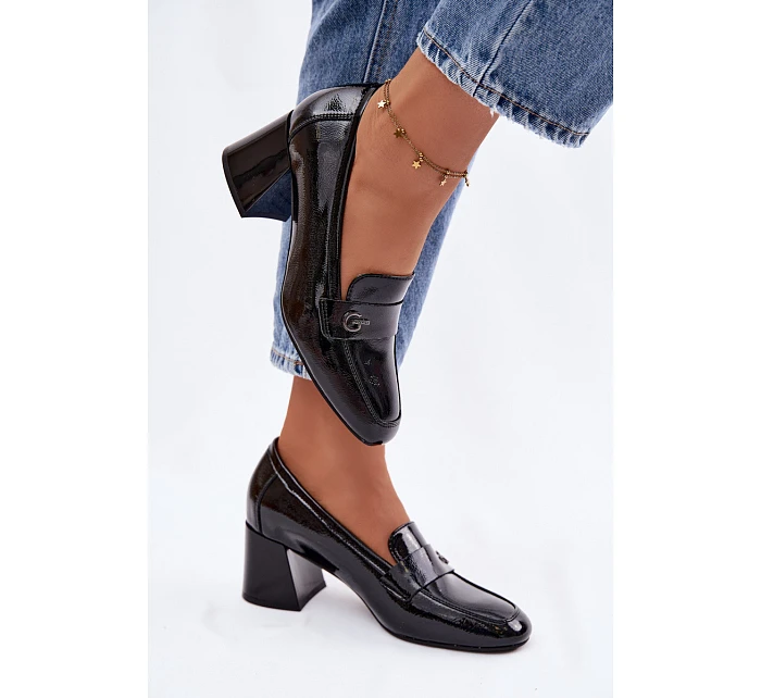 Kožené Lakované Dámské Lodičky na Podpatku Vinceza 18119 Černé