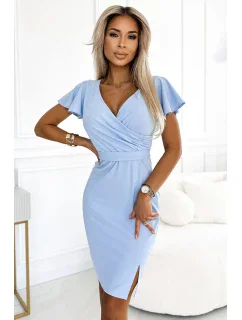 479-6 Šaty NINA s obálkovým výstrihom, rukávmi a opaskom - MODRÉ