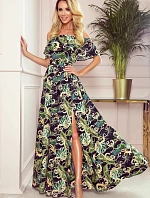 Dlhé dámske šaty so španielskym výstrihom, zelenými listami a zlatými retiazkami 194-4 - Numoco