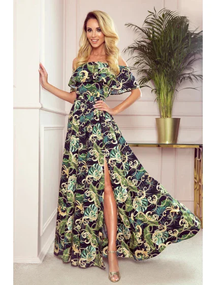 Dlouhé dámské šaty se výstřihem a vzorem zelených listů a model 18055831 - numoco Dlouhé dámské šaty se výstřihem a vzorem zelených listů a model 18055831 - numoco