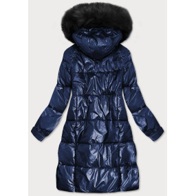 Tmavomodrá dámska metalická zimná bunda s kapucňou (8295)