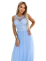 672-1 Romantické svadobné maxi šaty s vyšívanou čipkou a tylom - modré 672-1 Romantické svadobné maxi šaty s vyšívanou čipkou a tylom - modré