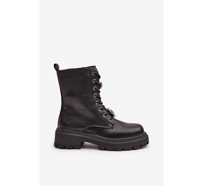 Botki Workery Damskie Eko Skórzane Z Przypinkami Czarne Kristines Botki Workery Damskie Eko Skórzane Z Przypinkami Czarne Kristines