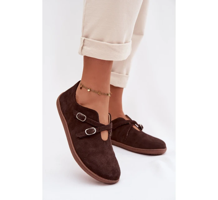 Kožené semišové dámské polobotky s pásky model 21937586 čokoládové - Zazoo