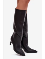 Dámské nazouvací zateplené kozačky na podpatku černé olivové