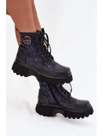 Kožené dámské boty na platformě s nápisy a ozdobným detailem model 21712061 tmavě modré - Artiker