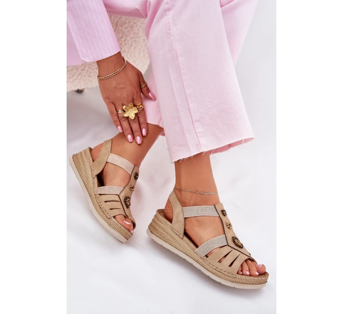 Sandały Damskie Na Koturnie Z Ozdobami Inblu RV000015 Beżowe