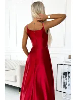 CHIARA Elegantní červené dlouhé dámské saténové maxi šaty na ramínkách model 18947471 - numoco