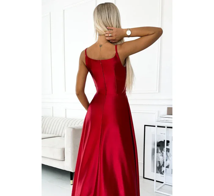 CHIARA Elegantní červené dlouhé dámské saténové maxi šaty na ramínkách model 18947471 - numoco