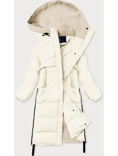 Dlhá zimná bunda v ecru farbe z rôznych materiálov (jin-210)