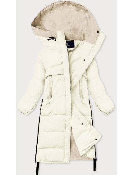 Dlhá zimná bunda v ecru farbe z rôznych spojených materiálov (JIN-210)