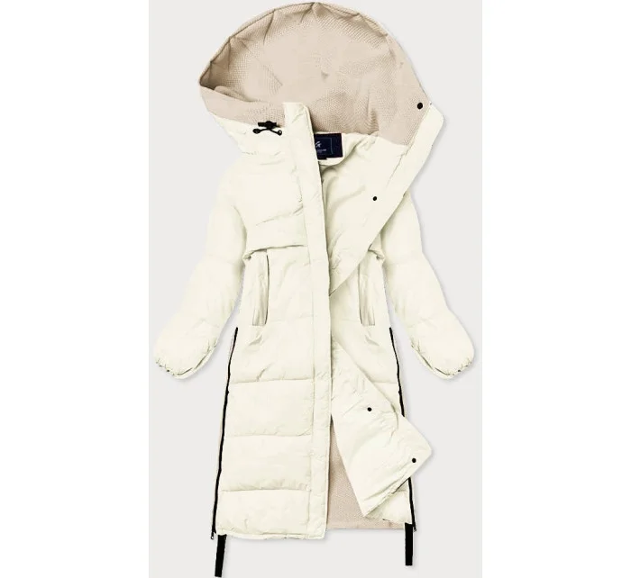 Dlhá zimná bunda v ecru farbe z rôznych materiálov (jin-210)