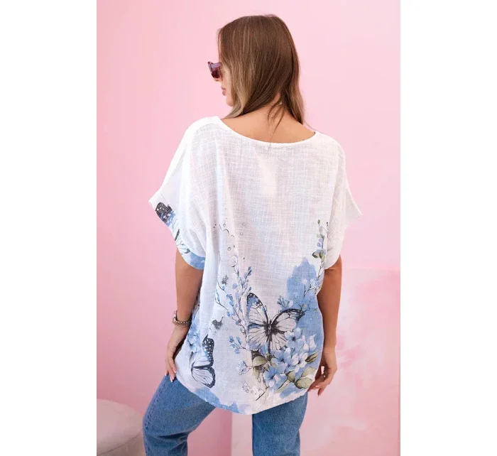 Dámske bavlnené tričko s motýľmi a kvetmi biele