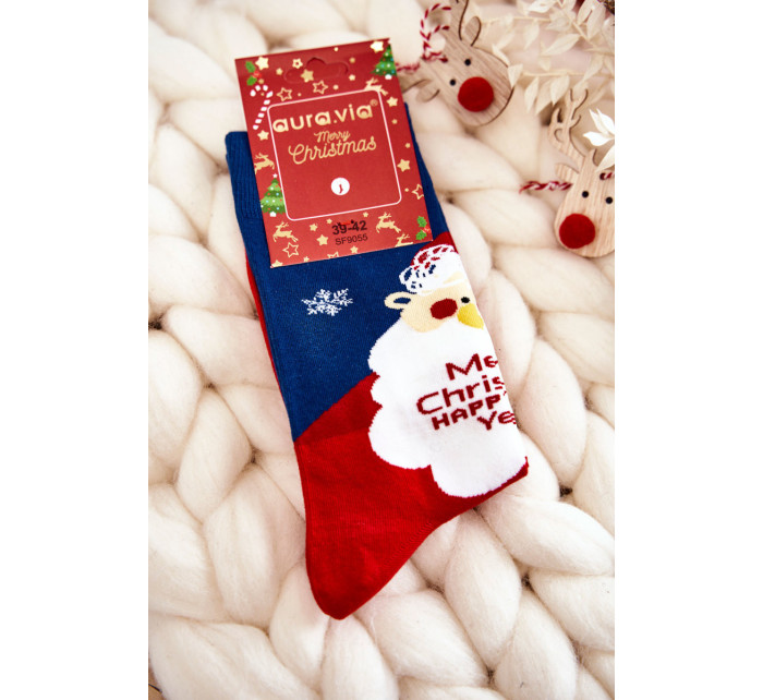 Pánske vianočné bavlnené ponožky so Santa Clausom námornícka modrá a červená